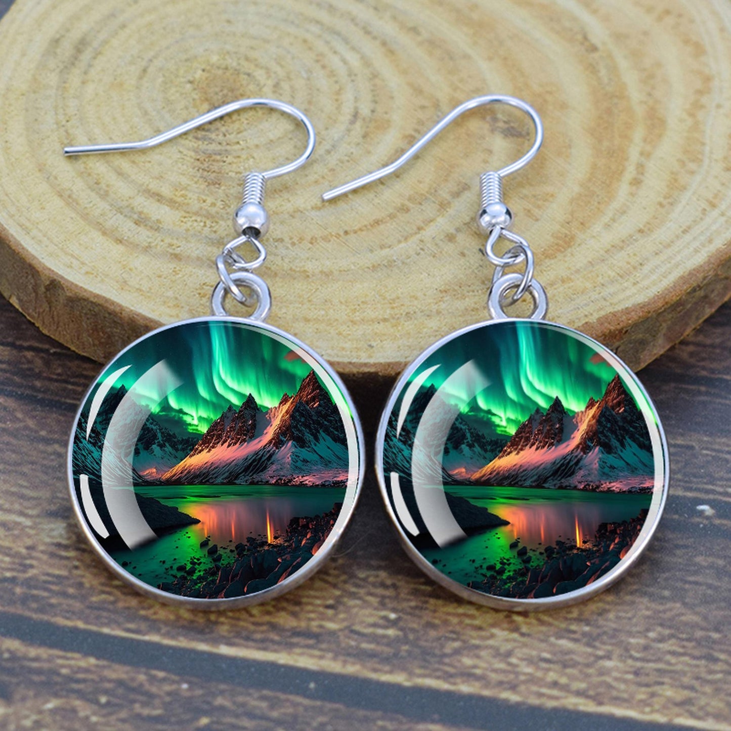 Lýsandi Aurora Borealis dropaeyrnalokkar - Northern Lights Skartgripir - Einstakir Cabochon Dangle eyrnalokkar úr gleri - Fullkomin Aurora Lovers gjöf