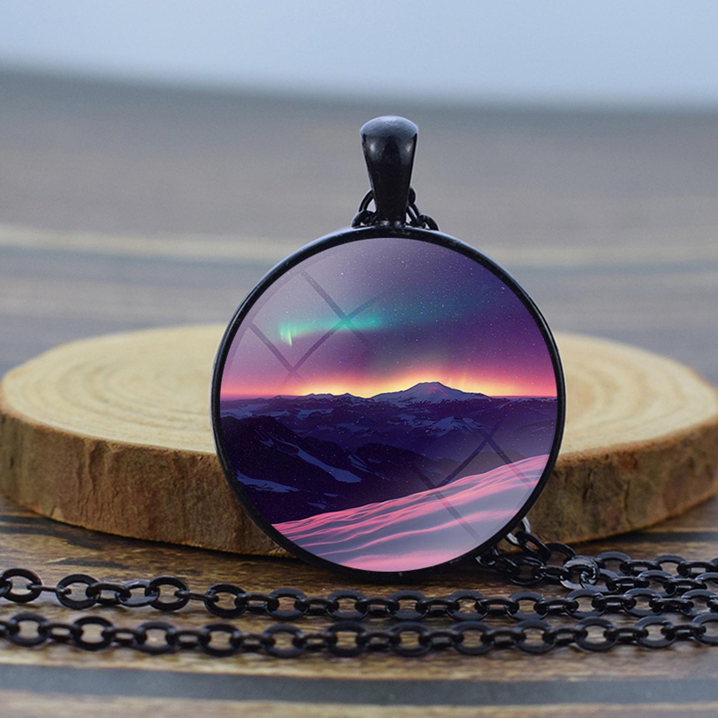 Luminous Aurora Borealis Black Necklace - Northern Light Jewelry - Unique Glass Dome Pendent Necklace - Perfect Aurora Lovers Gift