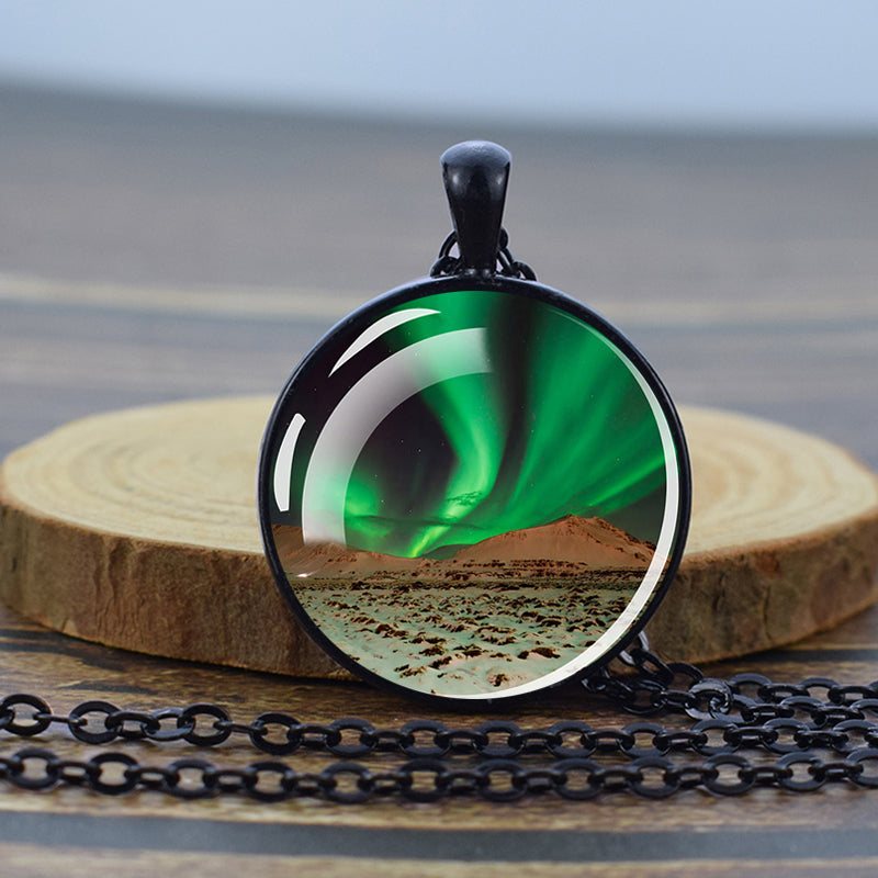 Luminous Aurora Borealis Black Necklace - Northern Light Jewelry - Unique Glass Dome Pendent Necklace - Perfect Aurora Lovers Gift