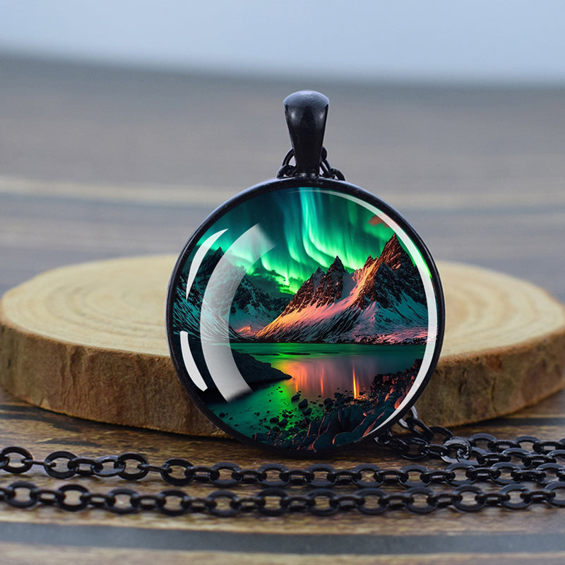 Luminous Aurora Borealis Black Necklace - Northern Light Jewelry - Unique Glass Dome Pendent Necklace - Perfect Aurora Lovers Gift