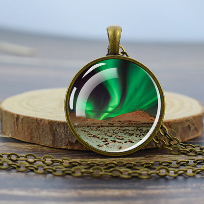 Luminous Aurora Borealis Bronze Necklace - Northern Light Jewelry - Unique Glass Dome Pendent Necklace - Perfect Aurora Lovers Gift