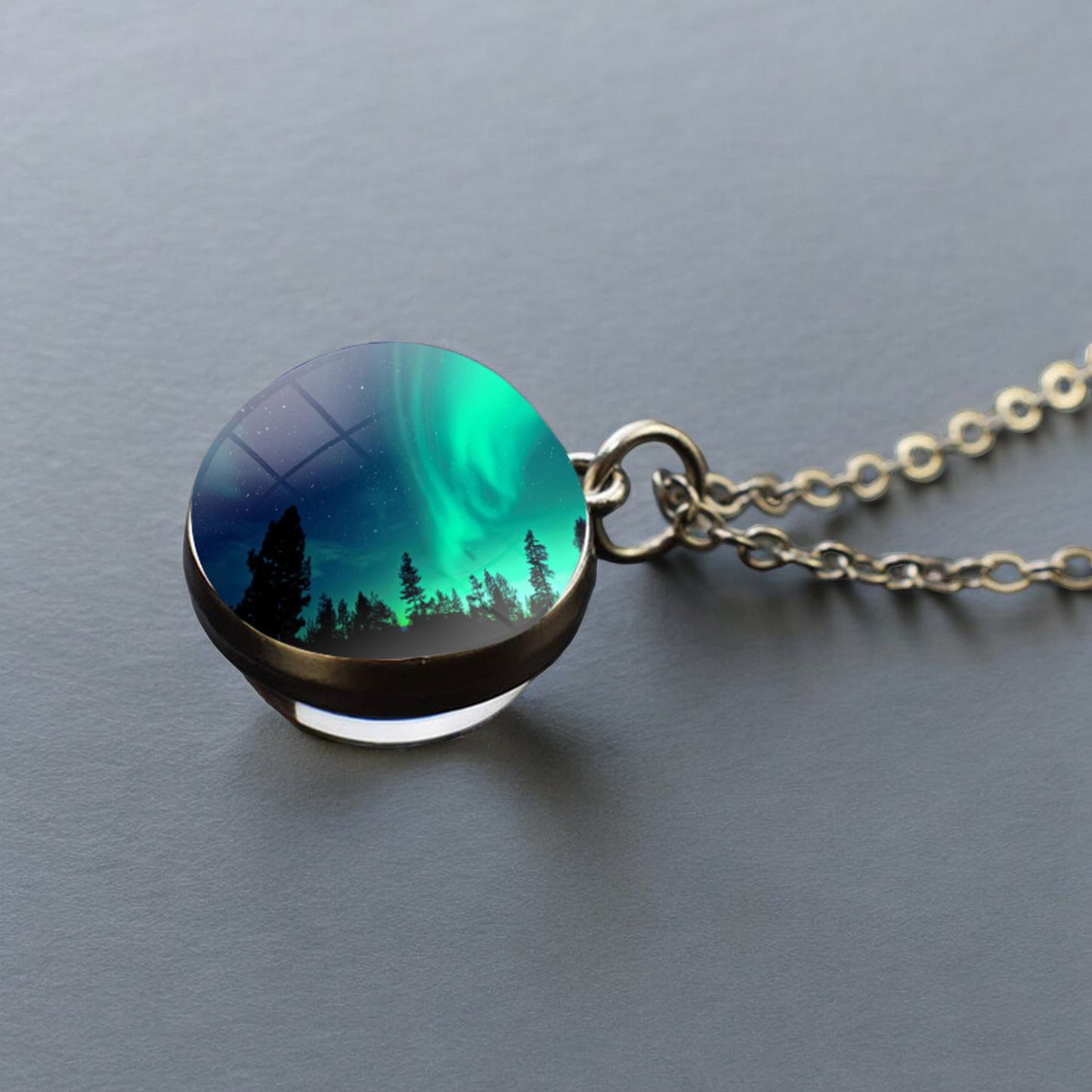 Luminous Aurora Borealis Silver Necklace- Northern Light Jewelry - Unique Double Side Glass Ball Pendent Necklace - Perfect Aurora Lovers Gift