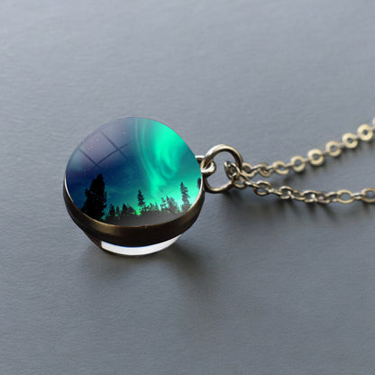 Luminous Aurora Borealis Silver Necklace- Northern Light Jewelry - Unique Double Side Glass Ball Pendent Necklace - Perfect Aurora Lovers Gift