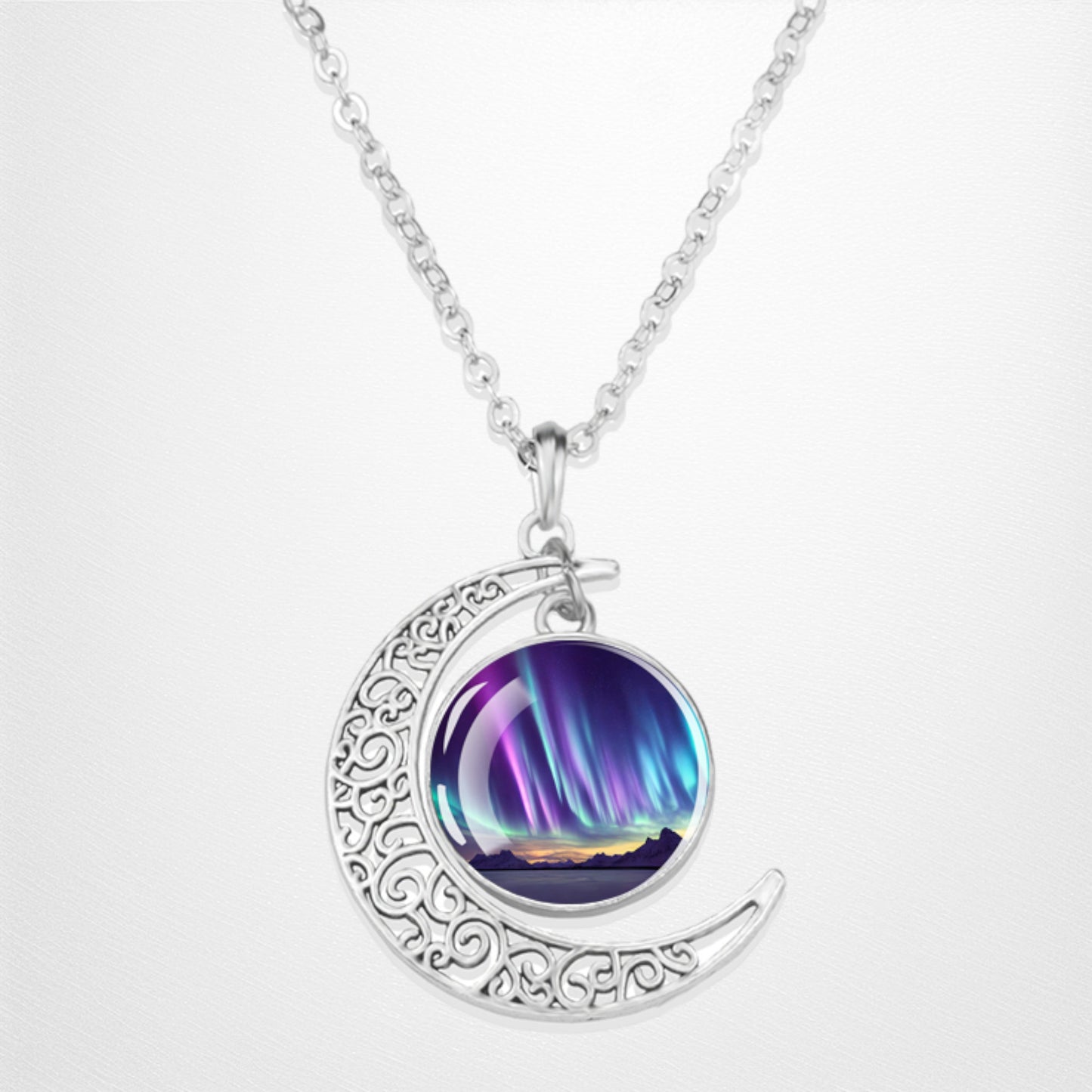 Luminous Aurora Borealis Crescent Necklace- Northern Light Jewelry - Unique Crescent Glass Cabochon Pendent Necklace - Perfect Aurora Lovers Gift