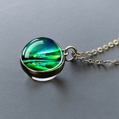 Luminous Aurora Borealis Silver Necklace- Northern Light Jewelry - Unique Double Side Glass Ball Pendent Necklace - Perfect Aurora Lovers Gift