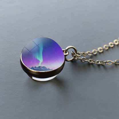 Luminous Aurora Borealis Silver Necklace- Northern Light Jewelry - Unique Double Side Glass Ball Pendent Necklace - Perfect Aurora Lovers Gift