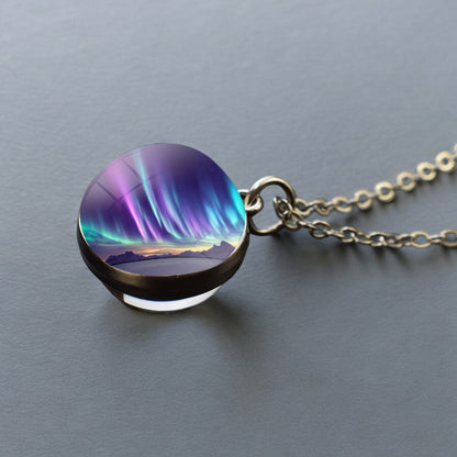 Luminous Aurora Borealis Silver Necklace- Northern Light Jewelry - Unique Double Side Glass Ball Pendent Necklace - Perfect Aurora Lovers Gift