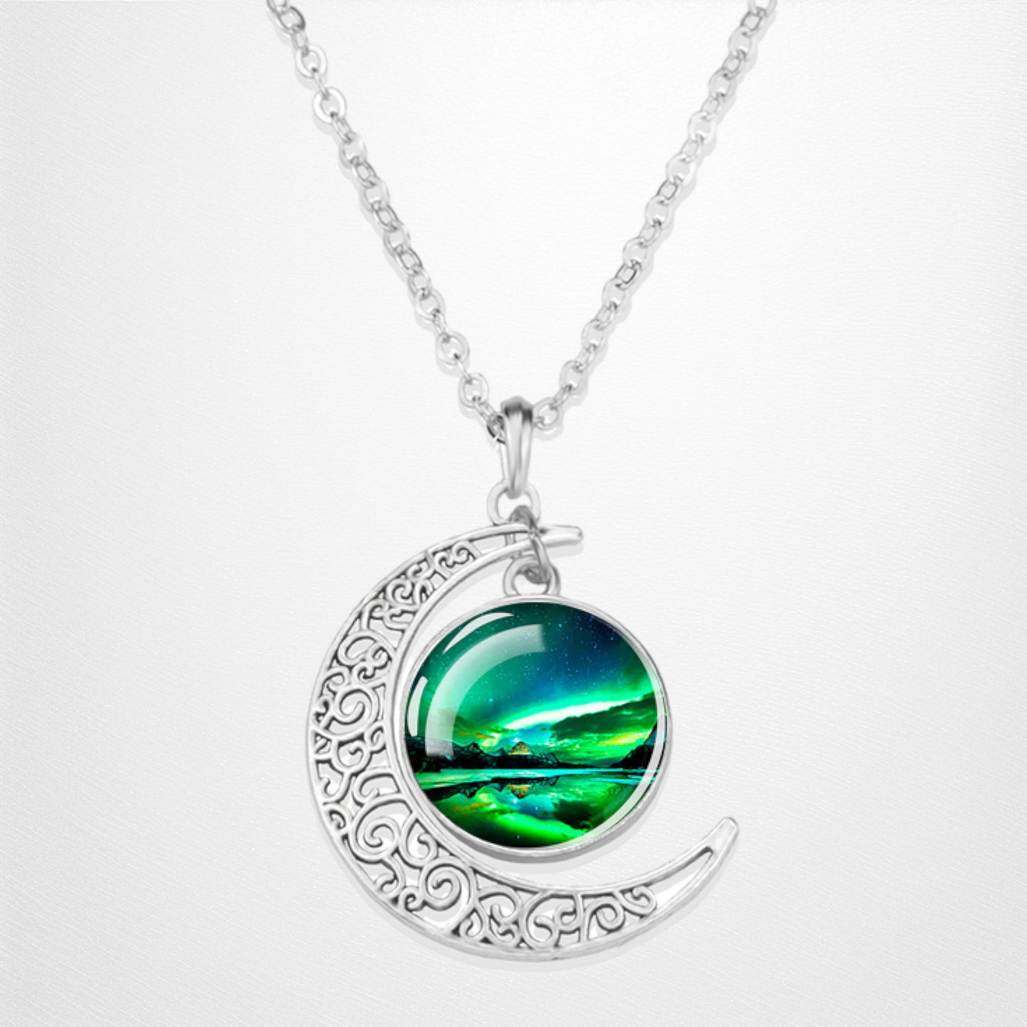 Luminous Aurora Borealis Crescent Necklace- Northern Light Jewelry - Unique Crescent Glass Cabochon Pendent Necklace - Perfect Aurora Lovers Gift