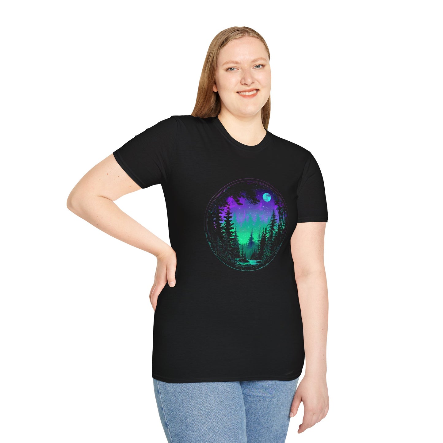 Aurora Borealis Unisex Softstyle T-Shirt - Gildan 64000 - Northern Lights Arctic Magical Night Starry Sky Moon Forest River Nature Adventure - Autumn Fall T-shirt - Aurora Gift