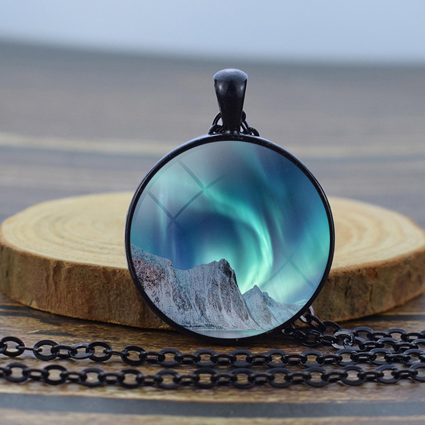 Luminous Aurora Borealis Black Necklace - Northern Light Jewelry - Unique Glass Dome Pendent Necklace - Perfect Aurora Lovers Gift