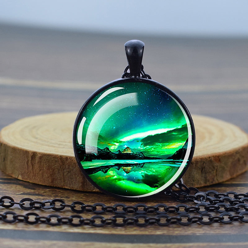 Luminous Aurora Borealis Black Necklace - Northern Light Jewelry - Unique Glass Dome Pendent Necklace - Perfect Aurora Lovers Gift