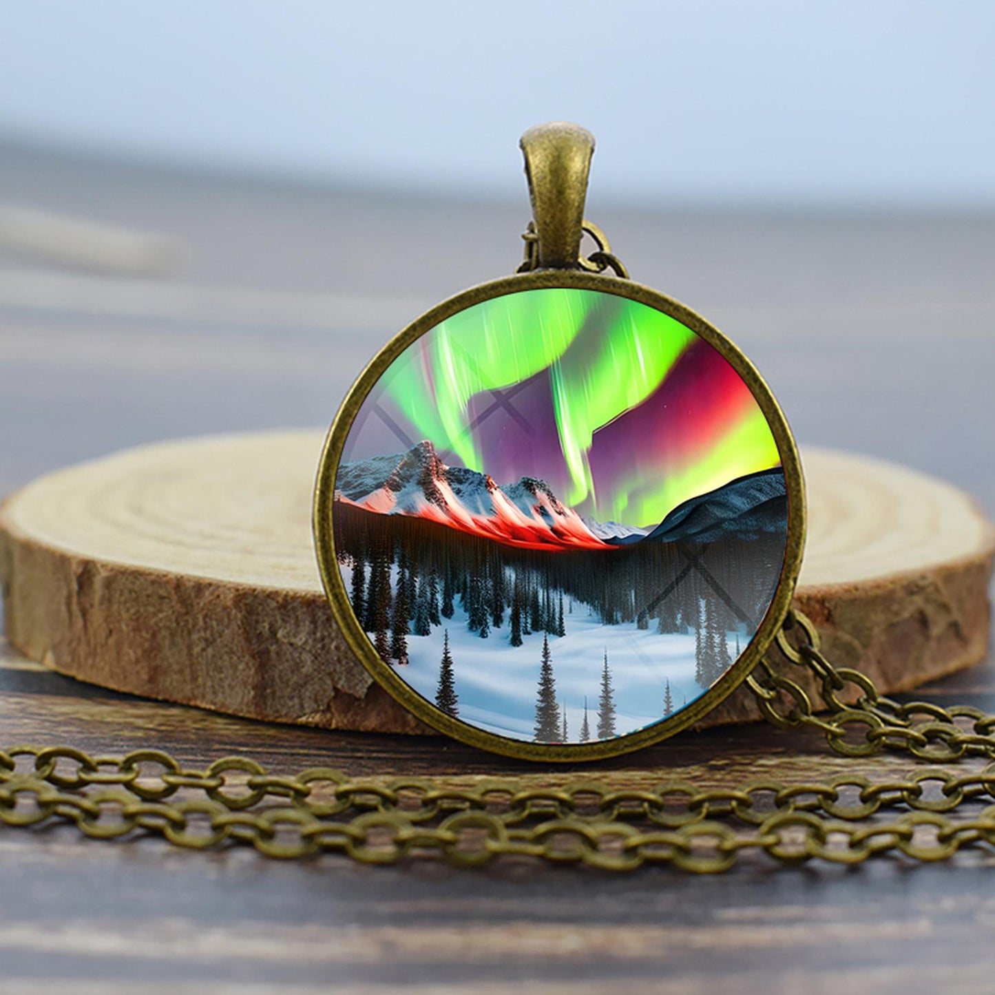 Luminous Aurora Borealis Bronze Necklace - Northern Light Jewelry - Unique Glass Dome Pendent Necklace - Perfect Aurora Lovers Gift