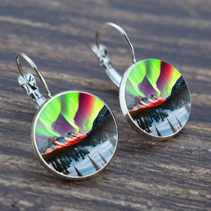 Luminous Aurora Borealis Hook Earrings - Northern Lights Jewelry - Unique Glass Cabochon Drop Earrings - Perfect Aurora Lovers Gift