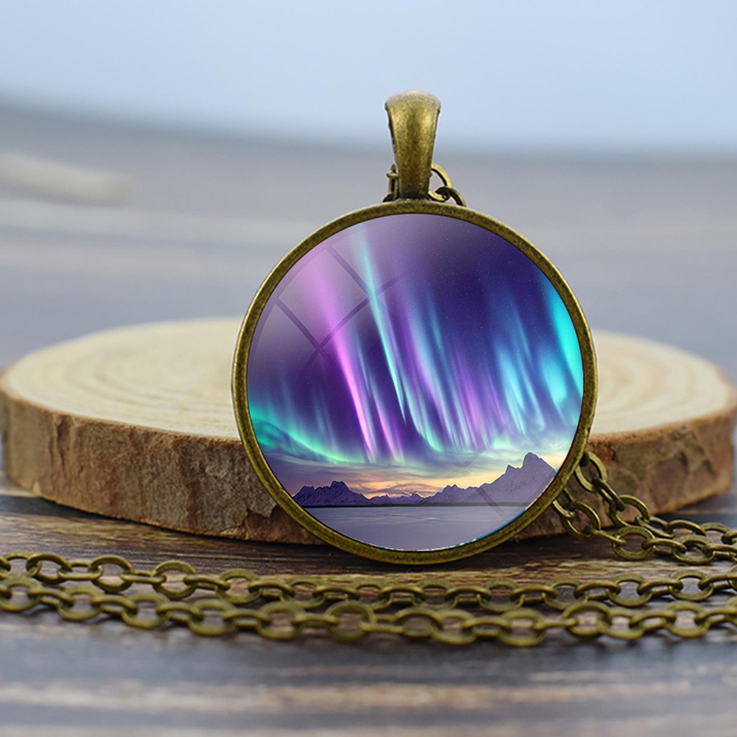 Luminous Aurora Borealis Bronze Necklace - Northern Light Jewelry - Unique Glass Dome Pendent Necklace - Perfect Aurora Lovers Gift