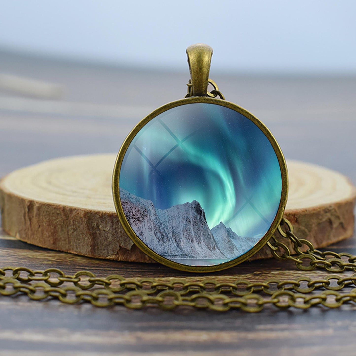 Luminous Aurora Borealis Bronze Necklace - Northern Light Jewelry - Unique Glass Dome Pendent Necklace - Perfect Aurora Lovers Gift