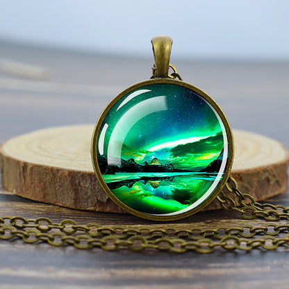 Luminous Aurora Borealis Bronze Necklace - Northern Light Jewelry - Unique Glass Dome Pendent Necklace - Perfect Aurora Lovers Gift