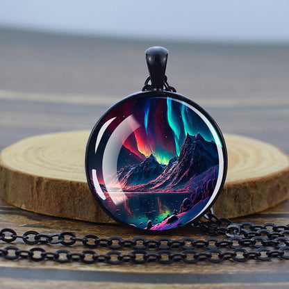 Luminous Aurora Borealis Black Necklace - Northern Light Jewelry - Unique Glass Dome Pendent Necklace - Perfect Aurora Lovers Gift