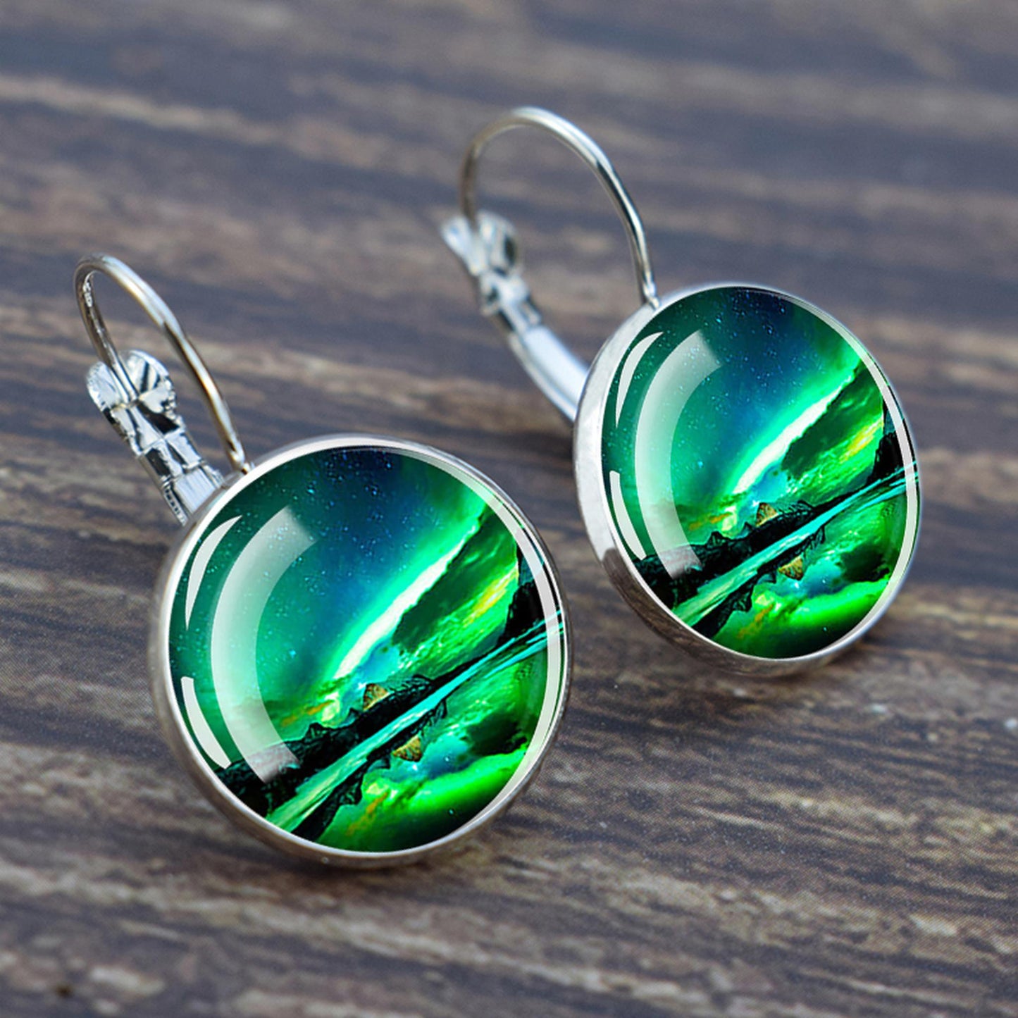 Luminous Aurora Borealis Hook Earrings - Northern Lights Jewelry - Unique Glass Cabochon Drop Earrings - Perfect Aurora Lovers Gift