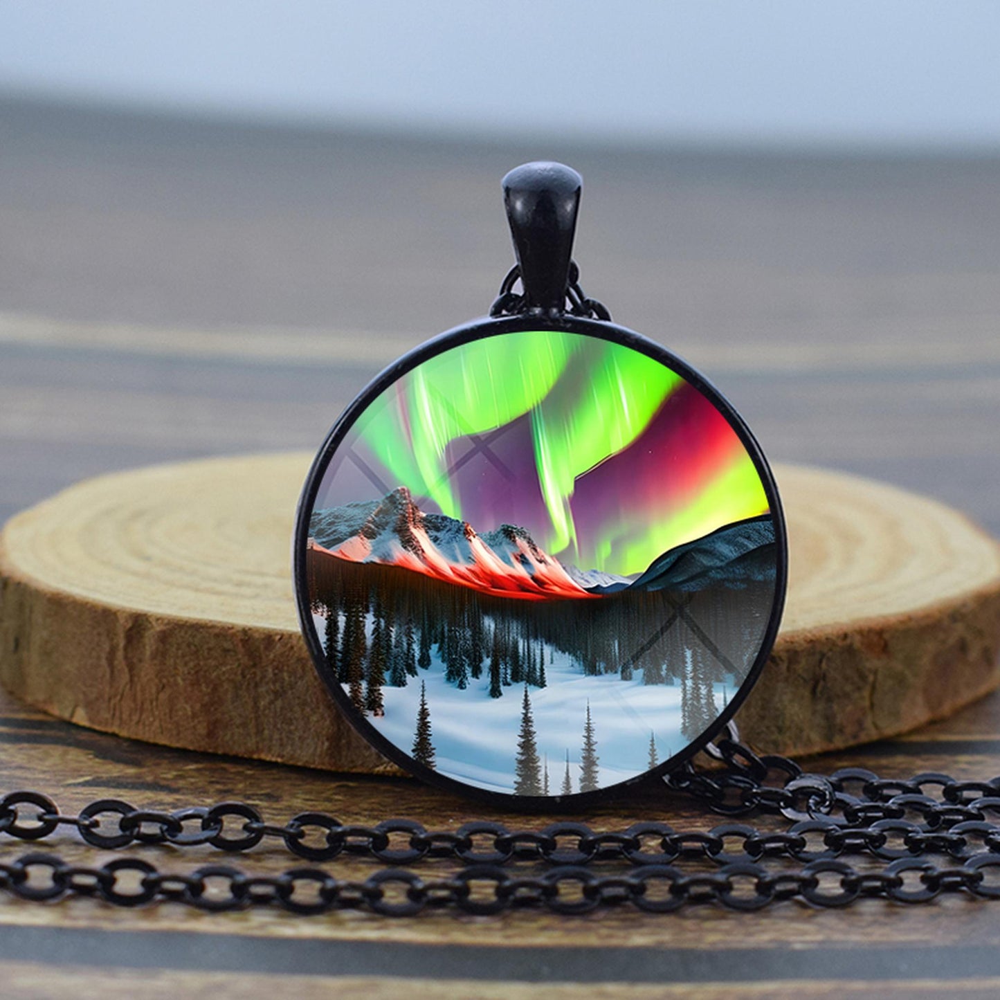 Luminous Aurora Borealis Black Necklace - Northern Light Jewelry - Unique Glass Dome Pendent Necklace - Perfect Aurora Lovers Gift