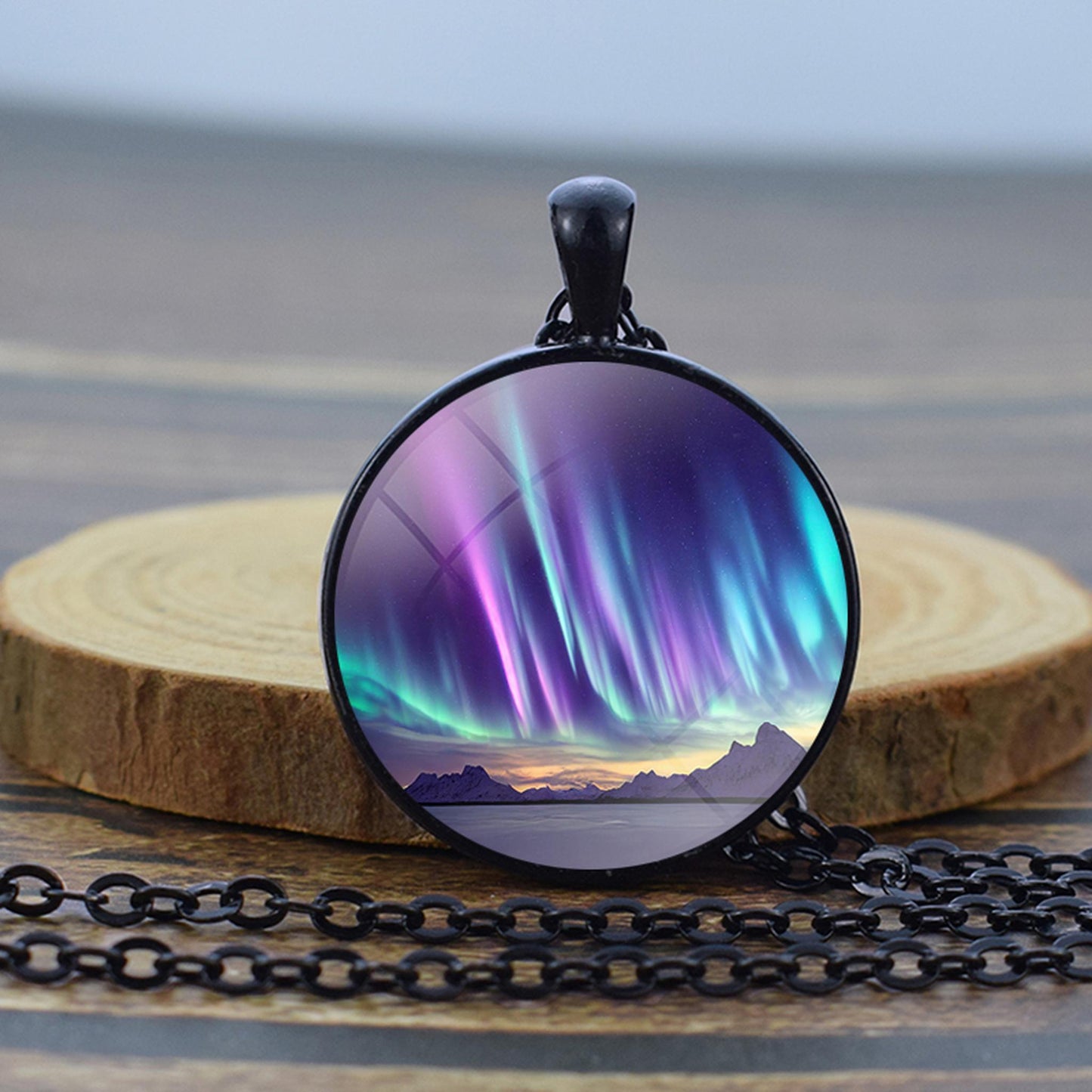 Luminous Aurora Borealis Black Necklace - Northern Light Jewelry - Unique Glass Dome Pendent Necklace - Perfect Aurora Lovers Gift