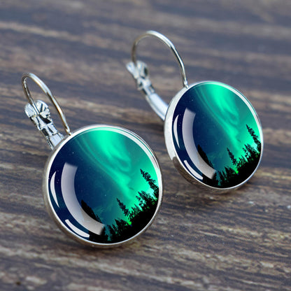 Luminous Aurora Borealis Hook Earrings - Northern Lights Jewelry - Unique Glass Cabochon Drop Earrings - Perfect Aurora Lovers Gift