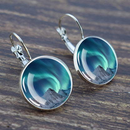 Luminous Aurora Borealis Hook Earrings - Northern Lights Jewelry - Unique Glass Cabochon Drop Earrings - Perfect Aurora Lovers Gift