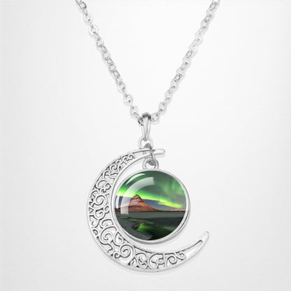 Luminous Aurora Borealis Crescent Necklace- Northern Light Jewelry - Unique Crescent Glass Cabochon Pendent Necklace - Perfect Aurora Lovers Gift