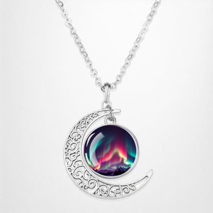 Luminous Aurora Borealis Crescent Necklace- Northern Light Jewelry - Unique Crescent Glass Cabochon Pendent Necklace - Perfect Aurora Lovers Gift