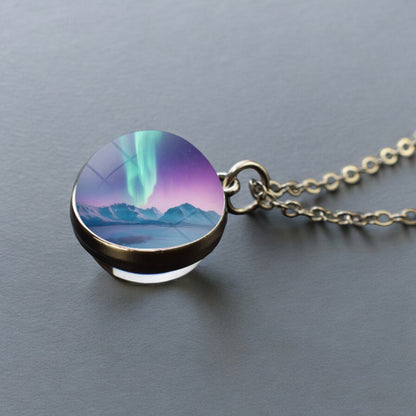 Luminous Aurora Borealis Silver Necklace- Northern Light Jewelry - Unique Double Side Glass Ball Pendent Necklace - Perfect Aurora Lovers Gift