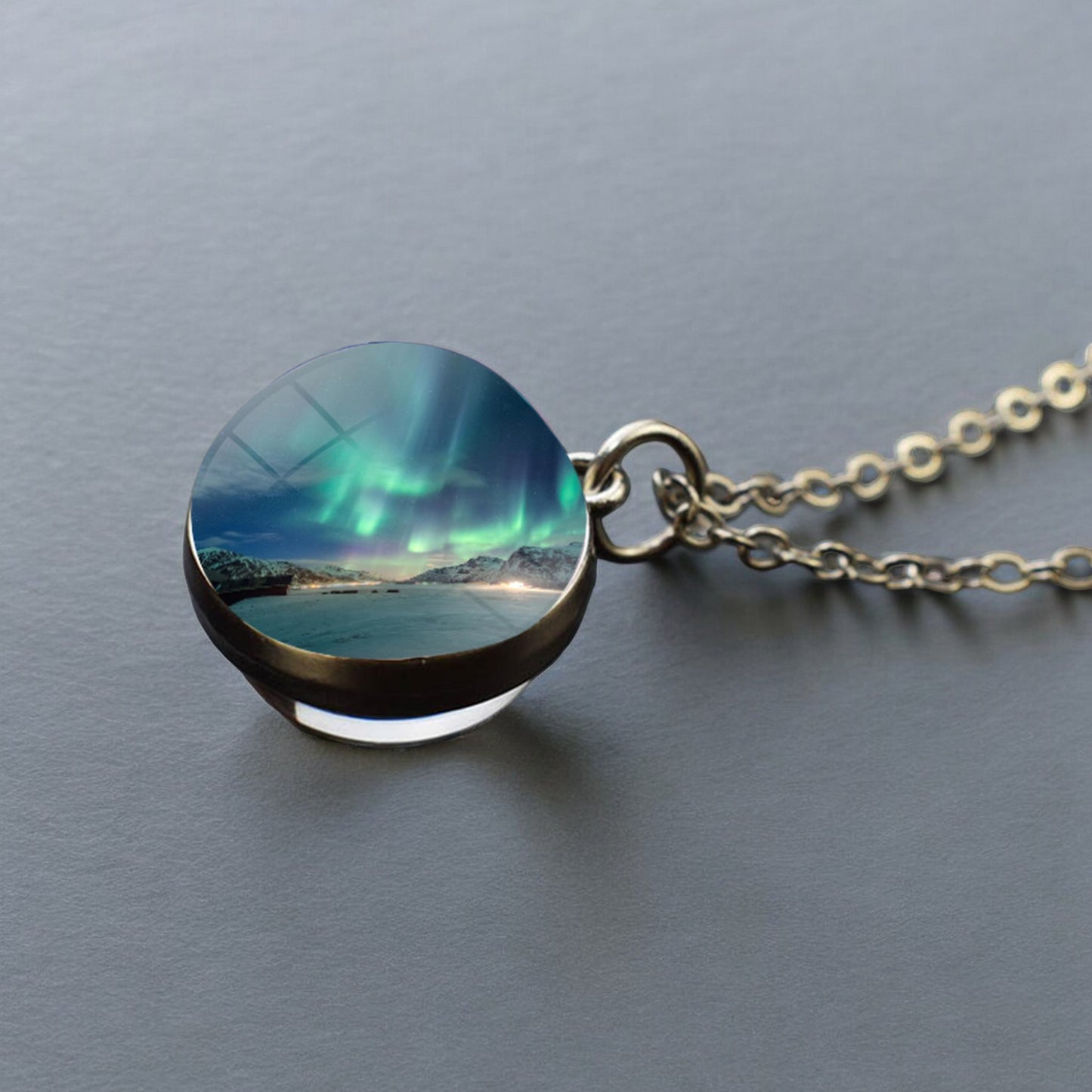 Luminous Aurora Borealis Silver Necklace- Northern Light Jewelry - Unique Double Side Glass Ball Pendent Necklace - Perfect Aurora Lovers Gift