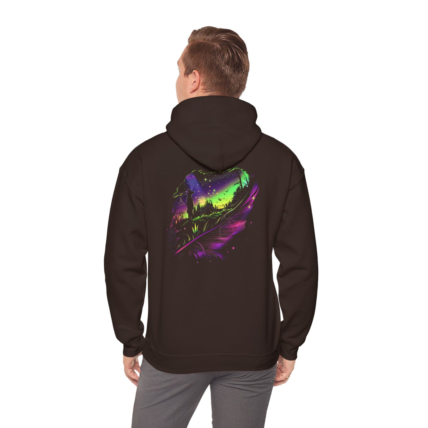 Aurora Borealis Unisex Heavy Blend™ Hooded Sweatshirt (Back design) - Northern Lights Arctic Feather Character Magical Night Starry Sky Field Tree Nature Adventure - Autumn Fall T-shirt - Aurora Gift