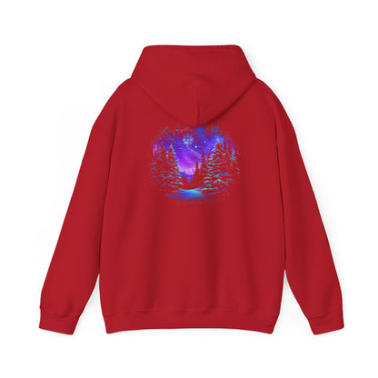 Aurora Borealis Unisex Heavy Blend™ Hooded Sweatshirt (Back design) - Northern Lights Arctic Magical Night Starry Sky Forest Tree Snow Snowflake Nature Adventure - Autumn Fall T-shirt - Aurora Gift