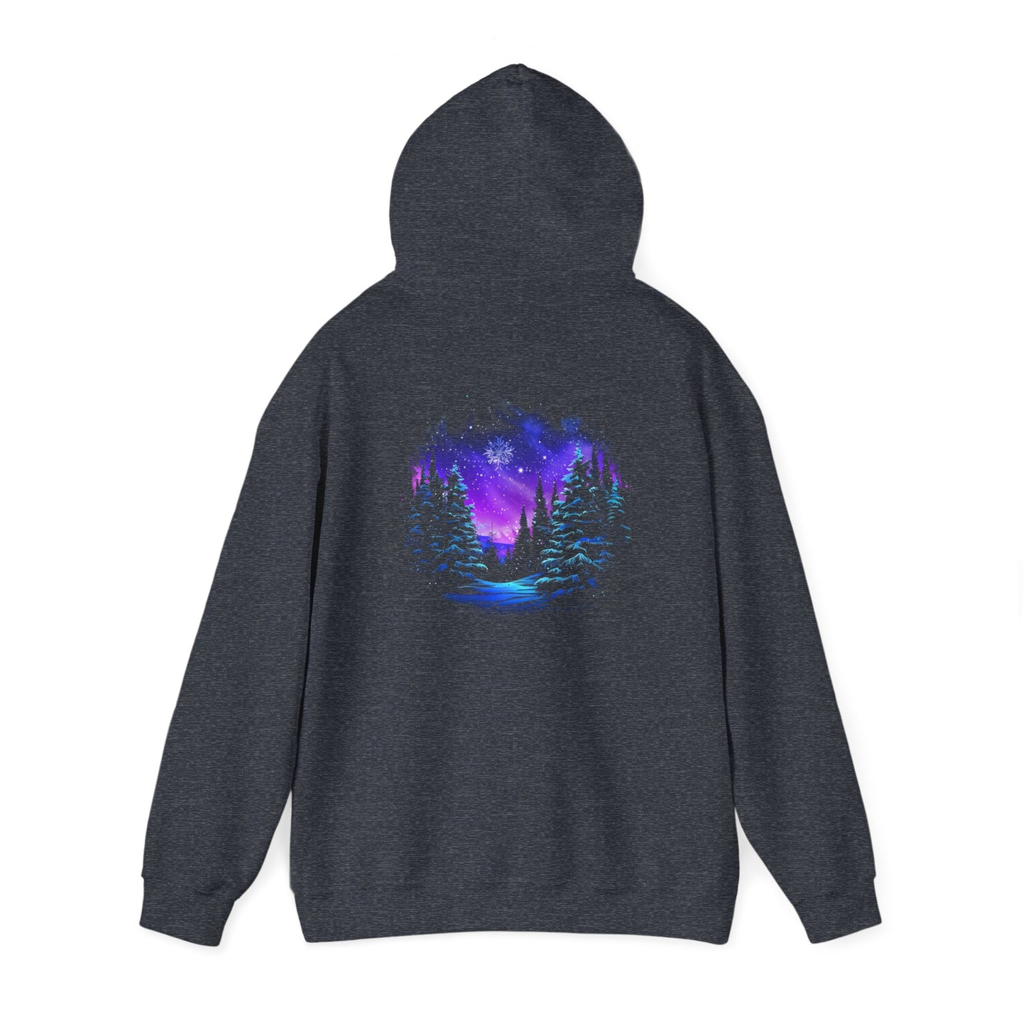 Aurora Borealis Unisex Heavy Blend™ Hooded Sweatshirt (Back design) - Northern Lights Arctic Magical Night Starry Sky Forest Tree Snow Snowflake Nature Adventure - Autumn Fall T-shirt - Aurora Gift