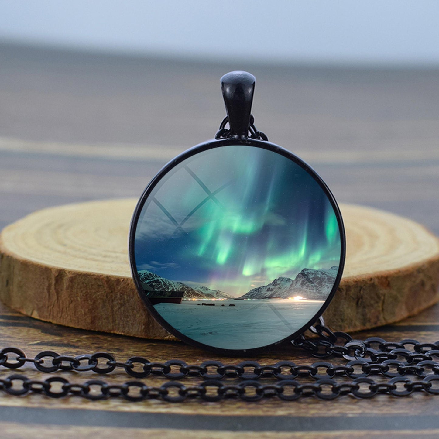 Luminous Aurora Borealis Black Necklace - Northern Light Jewelry - Unique Glass Dome Pendent Necklace - Perfect Aurora Lovers Gift