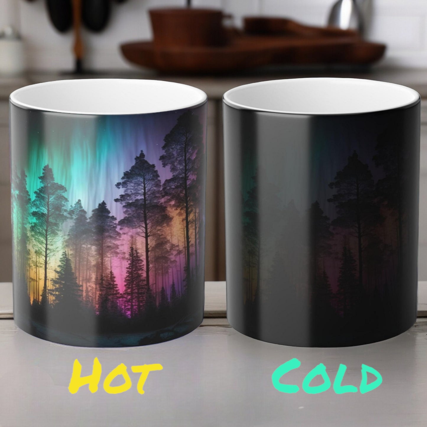 Töfrandi Aurora Borealis hitanæm mál - Northern Lights Magic Color Morphing Mug 11oz - Heat Reactive Night Sky Kaffibolli - Fullkomin gjöf fyrir náttúruunnendur