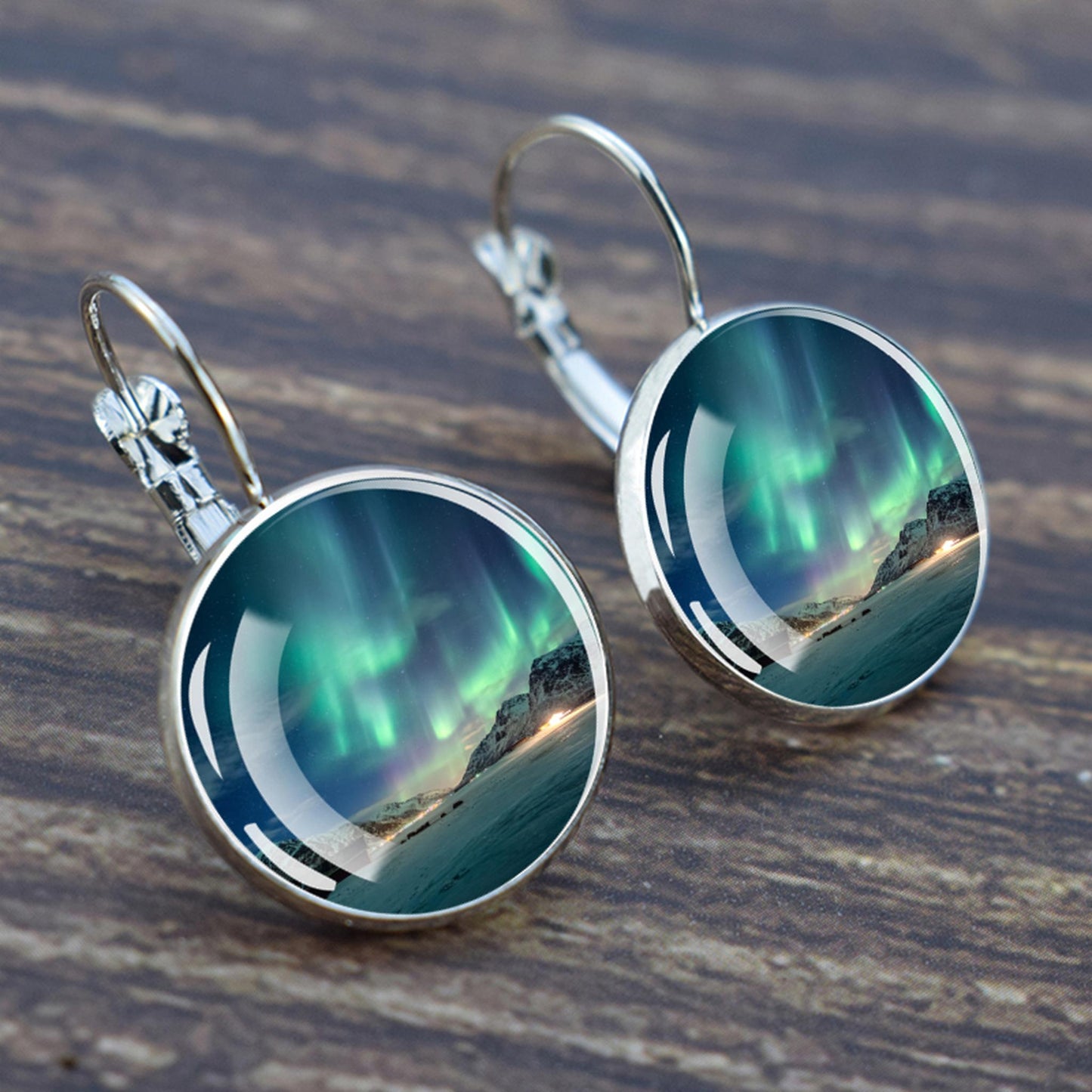 Luminous Aurora Borealis Hook Earrings - Northern Lights Jewelry - Unique Glass Cabochon Drop Earrings - Perfect Aurora Lovers Gift