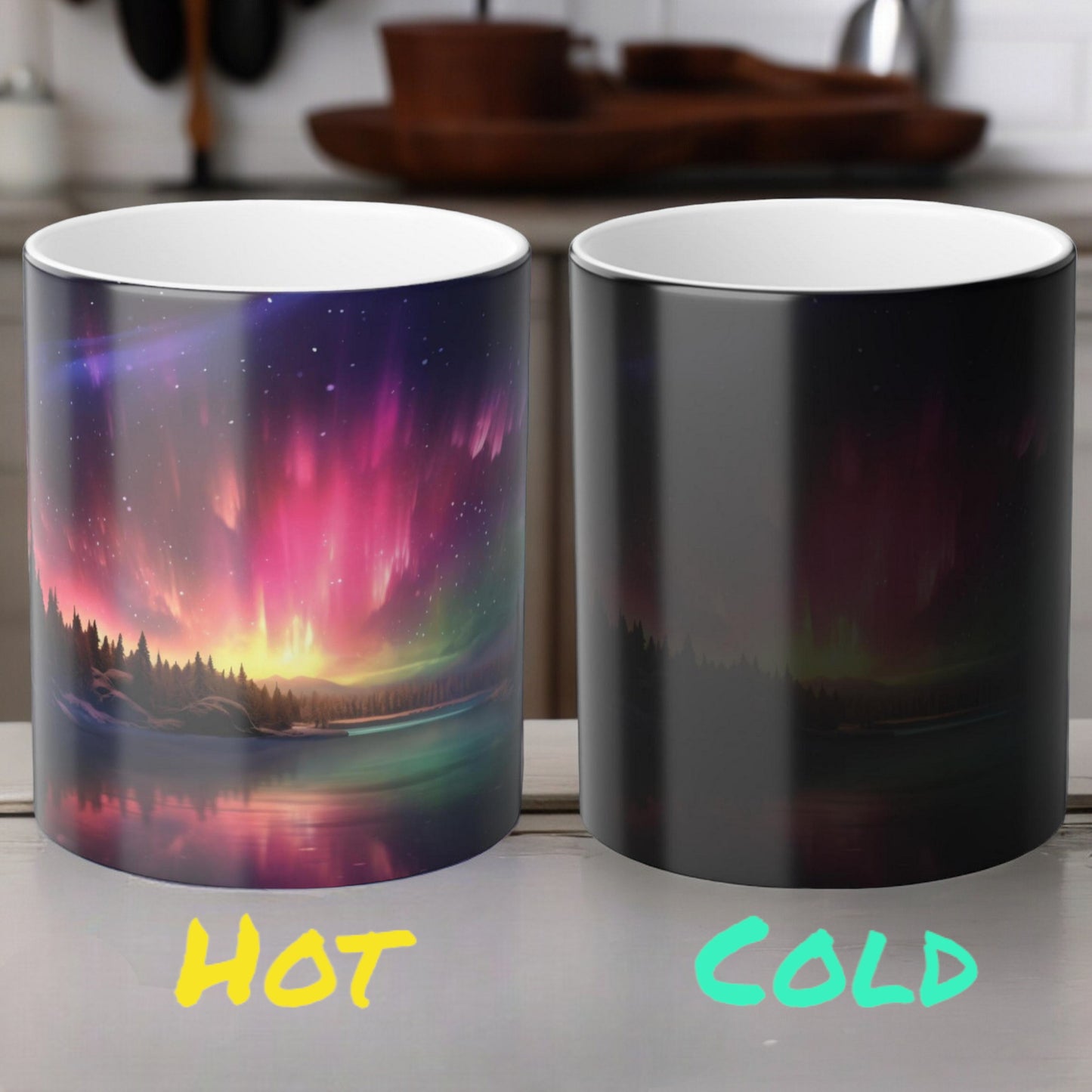 Töfrandi Aurora Borealis hitanæm mál - Northern Lights Magic Color Morphing Mug 11oz - Heat Reactive Night Sky Kaffibolli - Fullkomin gjöf fyrir náttúruunnendur