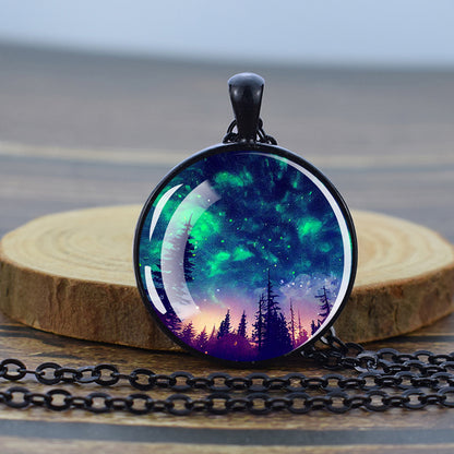 Luminous Aurora Borealis Black Necklace - Northern Light Jewelry - Unique Glass Dome Pendent Necklace - Perfect Aurora Lovers Gift