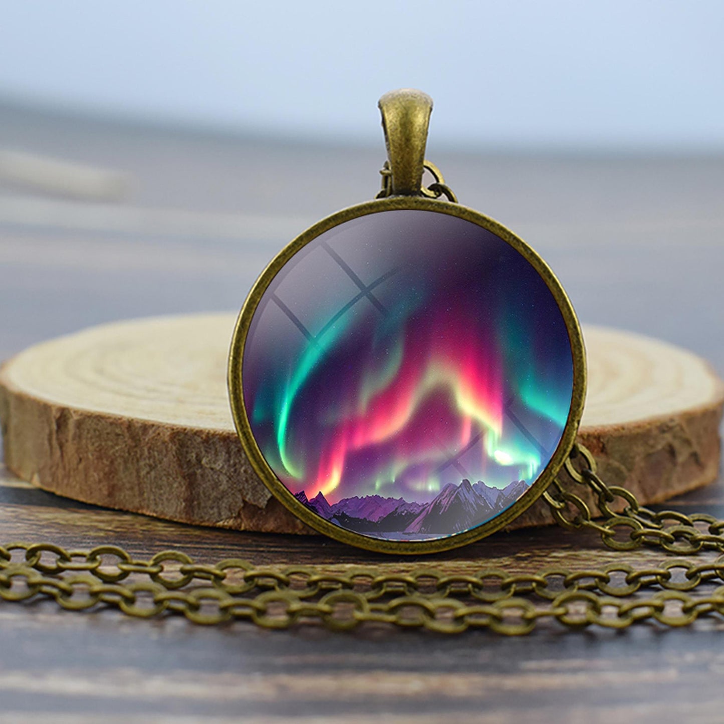 Luminous Aurora Borealis Bronze Necklace - Northern Light Jewelry - Unique Glass Dome Pendent Necklace - Perfect Aurora Lovers Gift