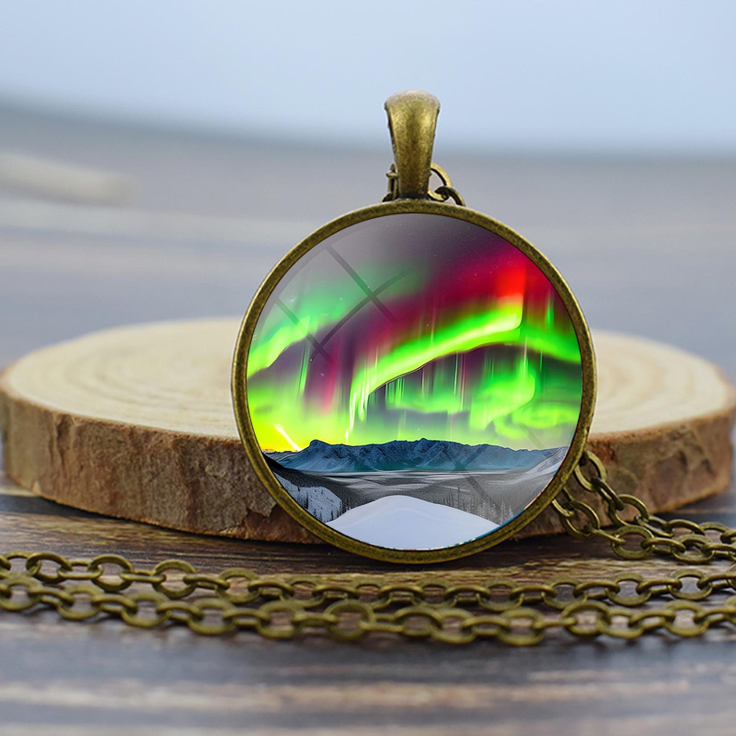 Luminous Aurora Borealis Bronze Necklace - Northern Light Jewelry - Unique Glass Dome Pendent Necklace - Perfect Aurora Lovers Gift