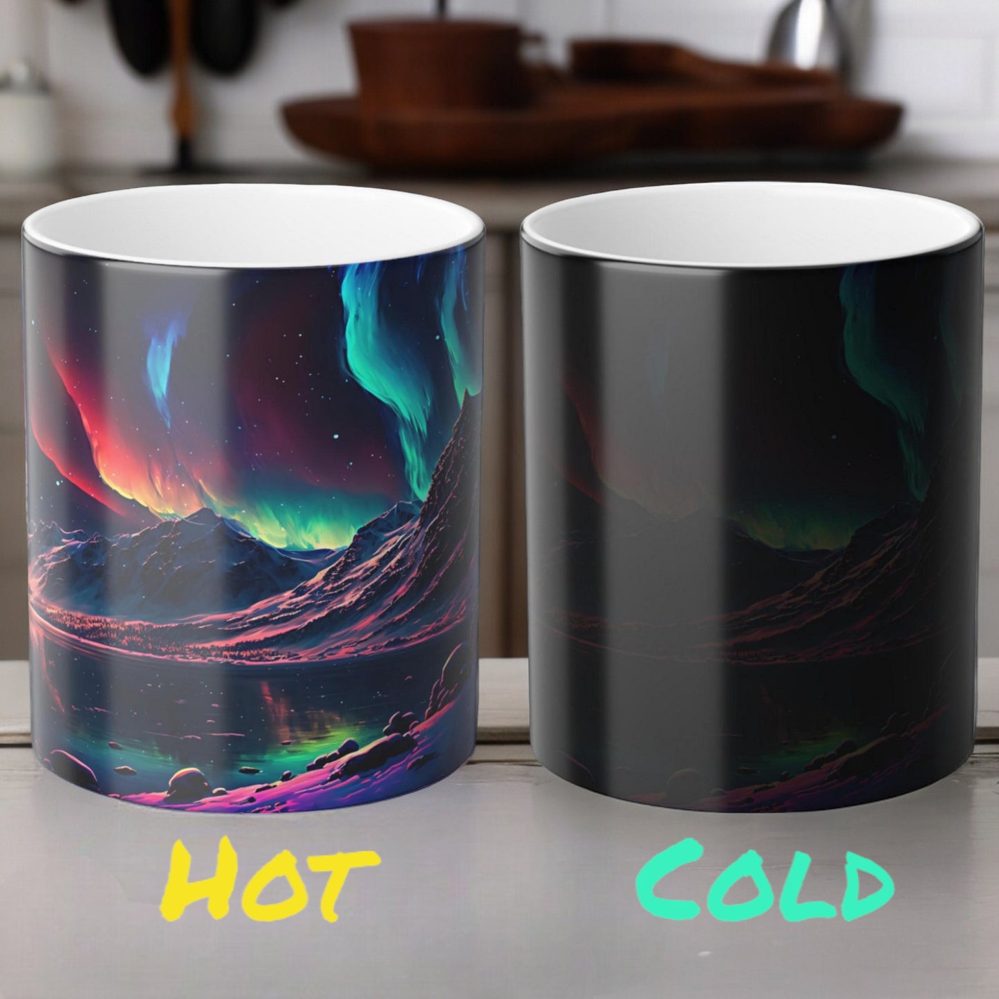 Bezaubernde wärmeempfindliche Tasse „Aurora Borealis“ – Tasse mit magischer Farbveränderung der Nordlichter, 325 ml – hitzereaktive Nachthimmel-Kaffeetasse – perfektes Geschenk für Naturliebhaber