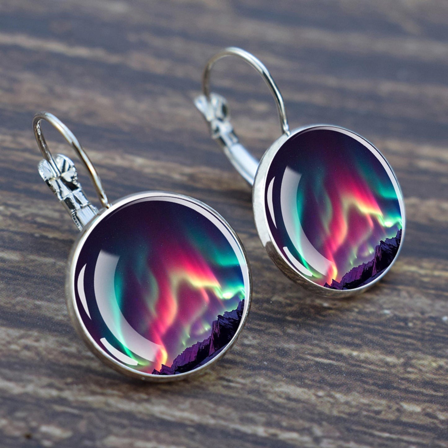 Luminous Aurora Borealis Hook Earrings - Northern Lights Jewelry - Unique Glass Cabochon Drop Earrings - Perfect Aurora Lovers Gift