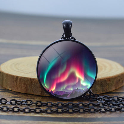 Luminous Aurora Borealis Black Necklace - Northern Light Jewelry - Unique Glass Dome Pendent Necklace - Perfect Aurora Lovers Gift