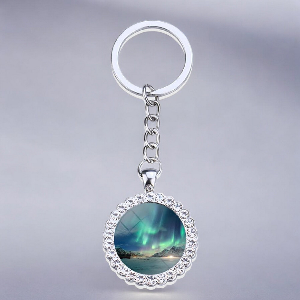 Porte-clés lumineux en argent Aurora Borealis - Bijoux Northern Light - Porte-clés en verre strass - Cadeau parfait pour les amoureux des aurores boréales