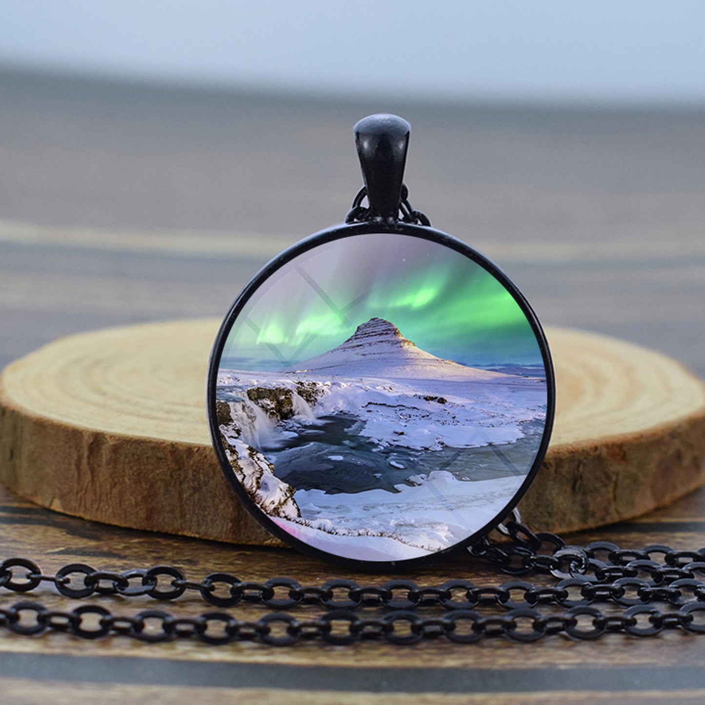 Luminous Aurora Borealis Black Necklace - Northern Light Jewelry - Unique Glass Dome Pendent Necklace - Perfect Aurora Lovers Gift