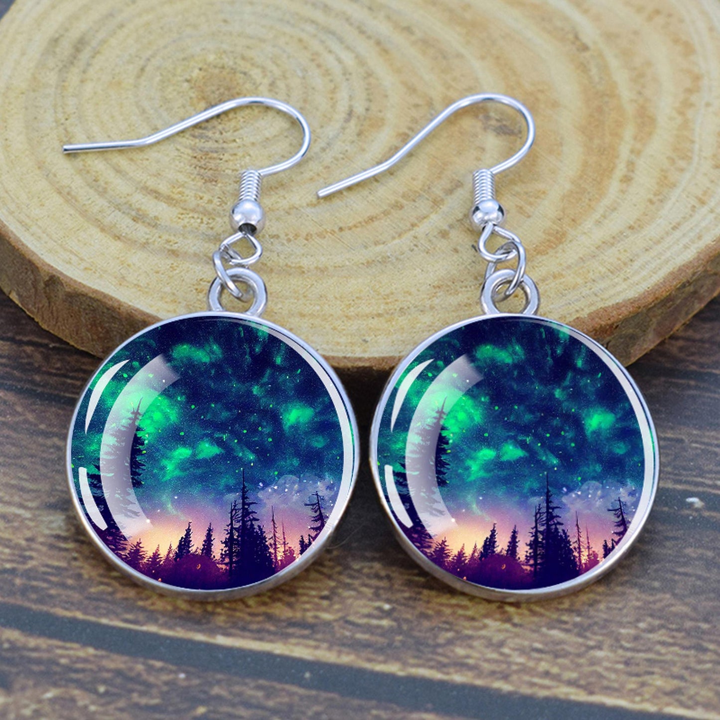 Gaismas Aurora Borealis Drop Auskari - Ziemeļblāzmas rotaslietas - Unikāli stikla Cabochon Dangle Auskari - Perfekta Aurora Lovers dāvana