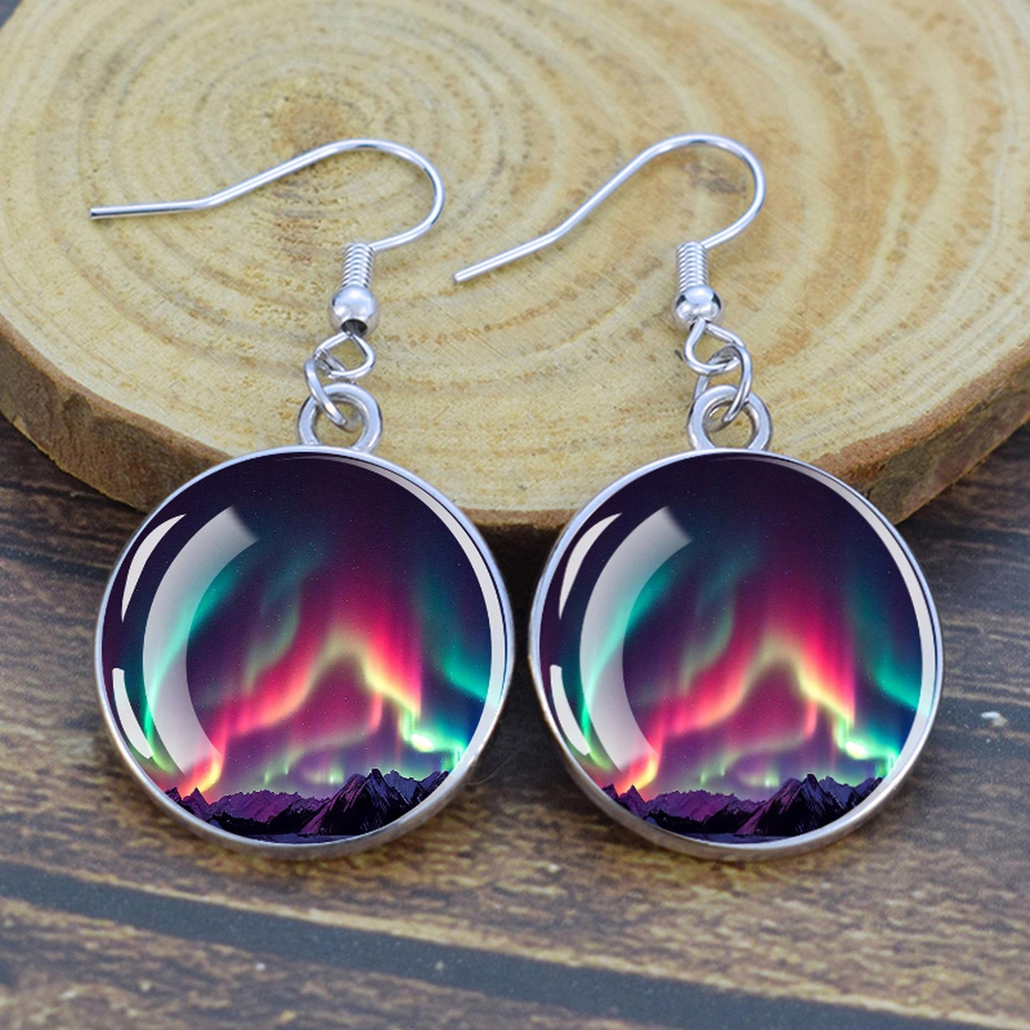 Gaismas Aurora Borealis Drop Auskari - Ziemeļblāzmas rotaslietas - Unikāli stikla Cabochon Dangle Auskari - Perfekta Aurora Lovers dāvana