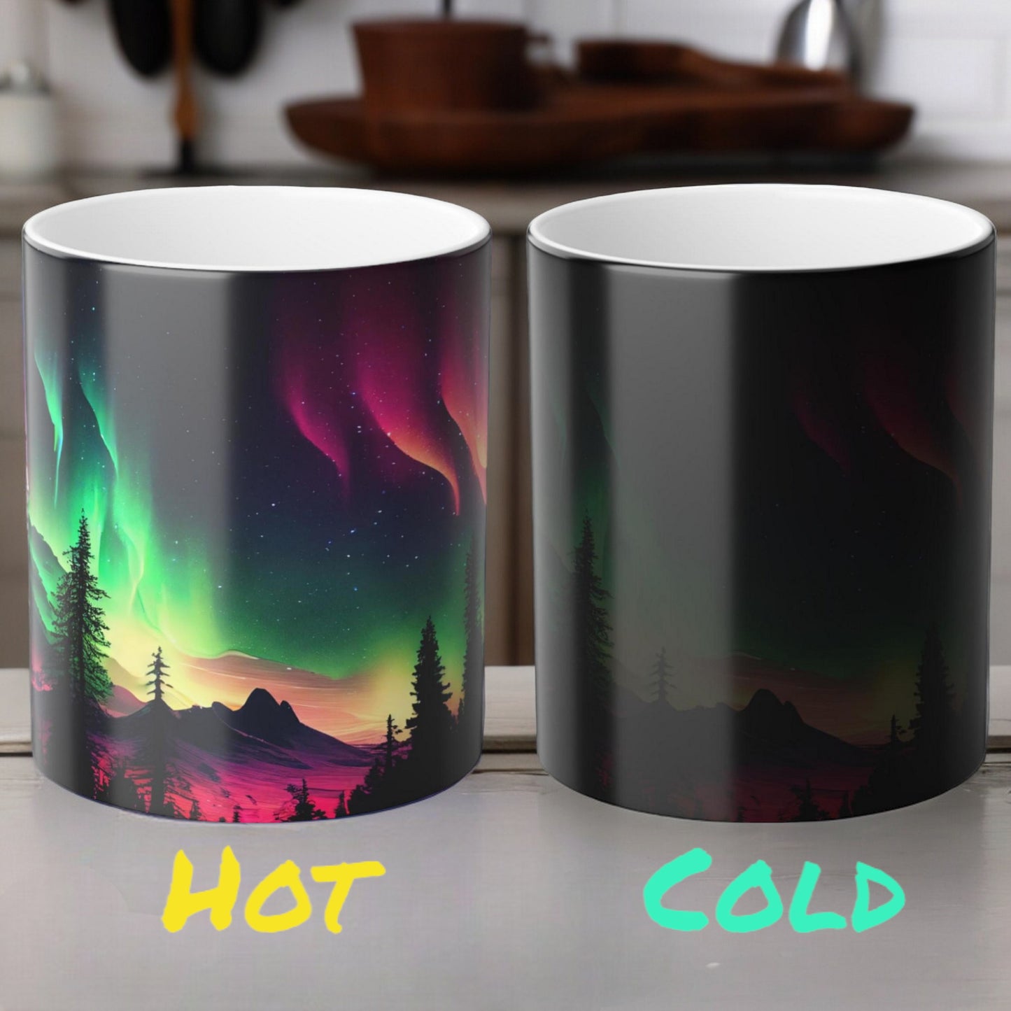 Fortryllende Aurora Borealis varmefølsomt krus - Northern Lights Magic Color Morphing-krus 11 oz - Heat Reactive Night Sky Coffee Cup - Perfekt gave til naturelskere