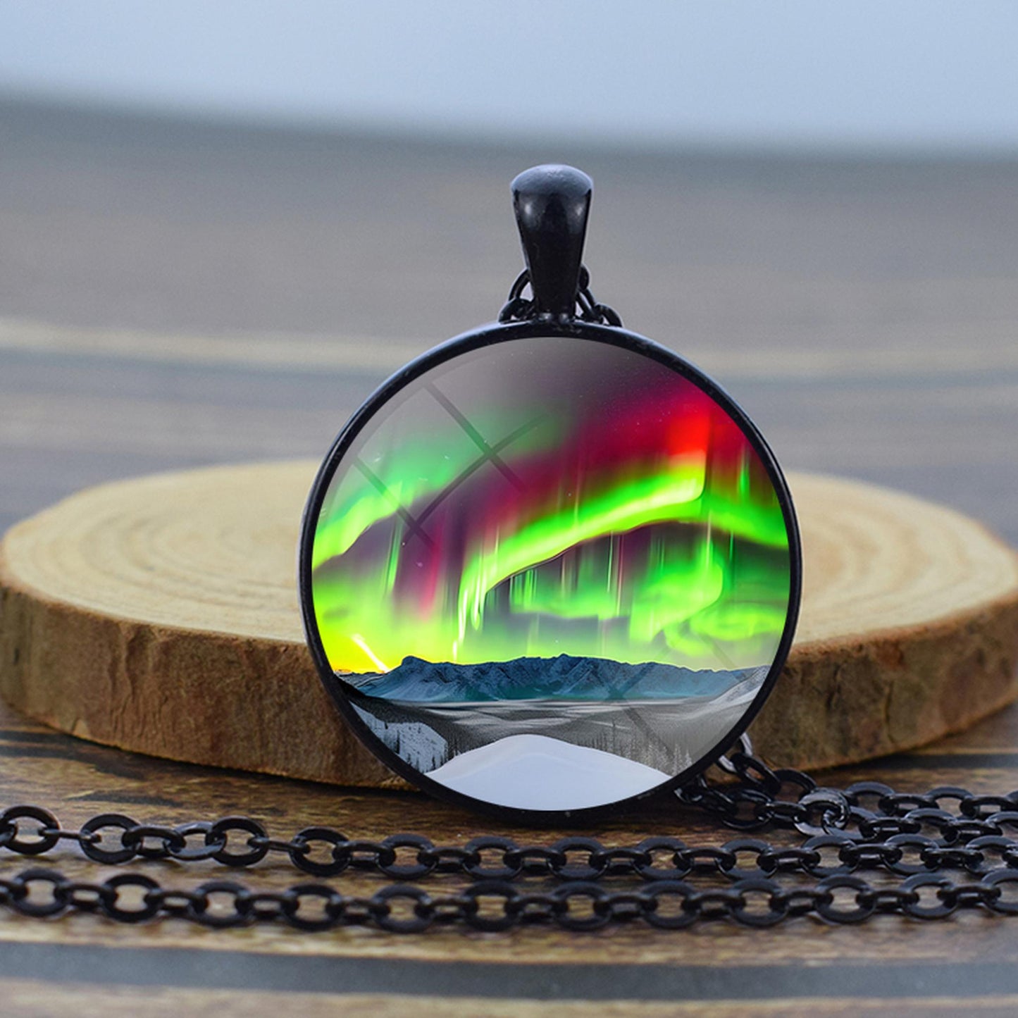 Luminous Aurora Borealis Black Necklace - Northern Light Jewelry - Unique Glass Dome Pendent Necklace - Perfect Aurora Lovers Gift