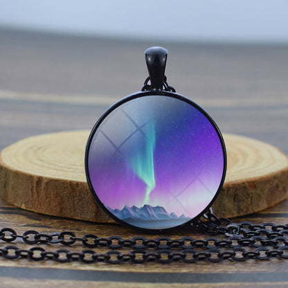 Luminous Aurora Borealis Black Necklace - Northern Light Jewelry - Unique Glass Dome Pendent Necklace - Perfect Aurora Lovers Gift